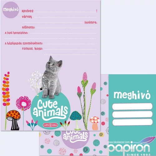 Party meghívó Ars Una 24' borítékkal Cute Animals-kitten (5368) 50223688 cica