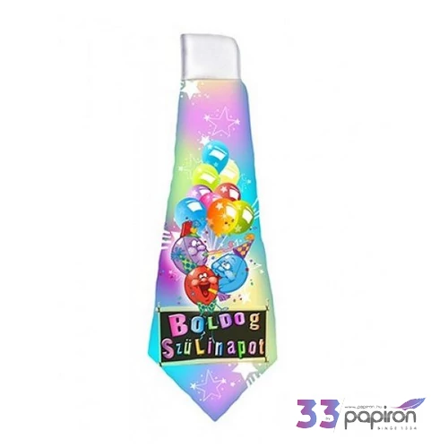 Party nyakkendő szülinapi élénk színű, Boldog Szülinapot feliratos 14x37cm lufi-csillag mintás nyakkendő