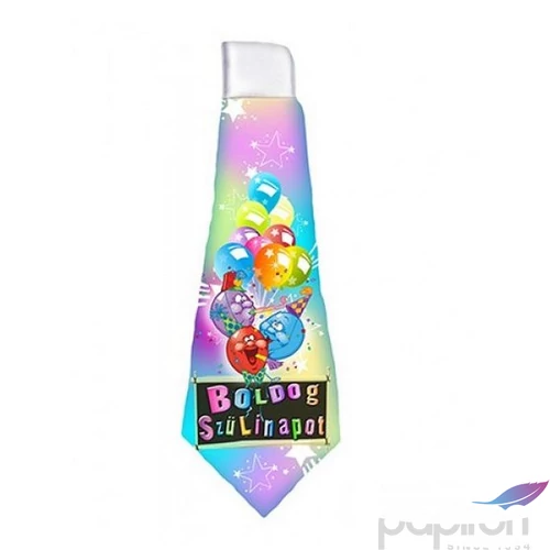 Party nyakkendő szülinapi élénk színű, Boldog Szülinapot feliratos 14x37cm lufi-csillag mintás nyakkendő