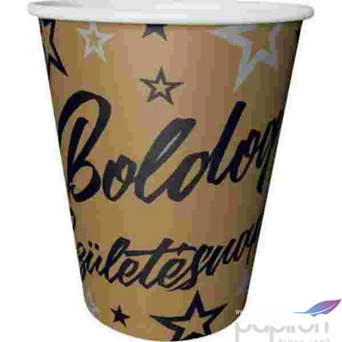 Party pohár papír 220ml metál arany színű (8db/csomag) csillag mintás, Boldog Születésnapot feliratos.