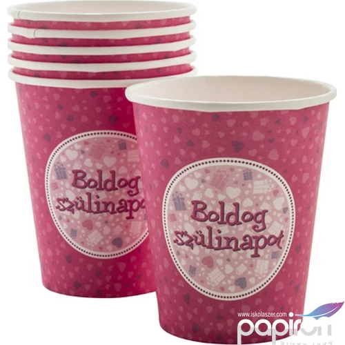 Party pohár papír 250ml Boldog szülinapot feliratos, rózsaszín (6db/csomag)