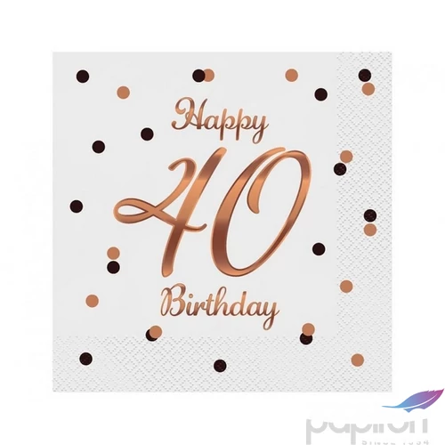 Party szalvéta Happy Birthday 40. fehér pöttyös 33x33cm, 20db/csomag, 3 rétegű