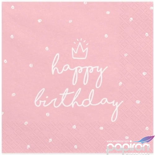 Party szalvéta PartyDeco 3rétegű 33x33cm-es, rózsaszín Happy Birthday felirattal