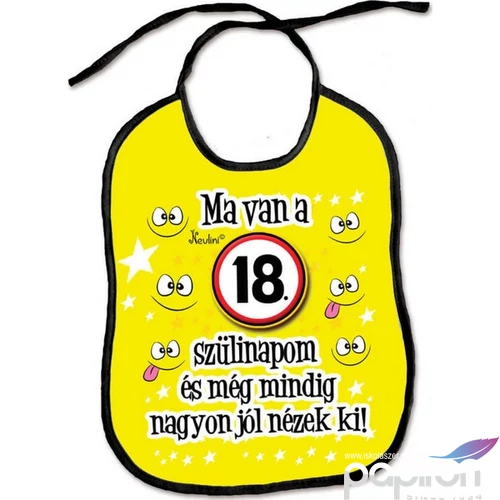 Party partedli - előke szülina Ma van a 18. Szülinapom ... - feliratos 32x25cm sárga smile mintás előke