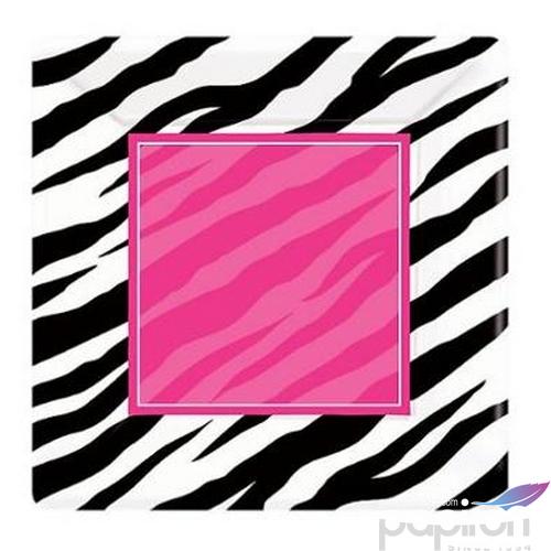 Party tányér 26x26cm Zebra csíkos fekete/pink 8db/csomag