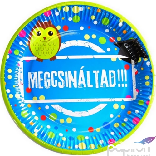 Party tányér Megcsináltad! - feliratos, Ballagásra-Diplomaosztóra baglyos mintával, 23cm 8db/csomag