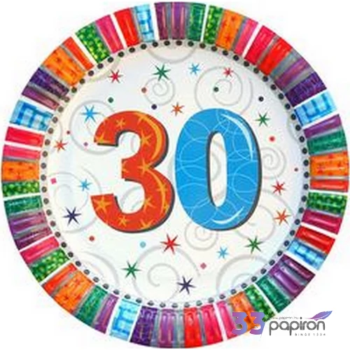Party tányér Szülinapi Radiant 30-as szülinap számos parti tányér 23cm (6db/csomag) Happy Birthday