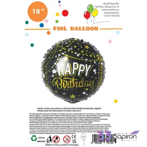 Partylufi fólia Happy Birthday fekete arany csillagos-pöttyös 45 cm 
