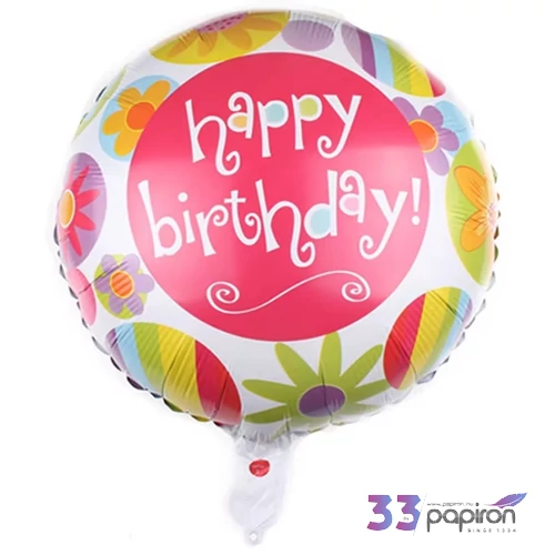 Partylufi fólia Happy Birthday keretes virágos gömb 45 cm 