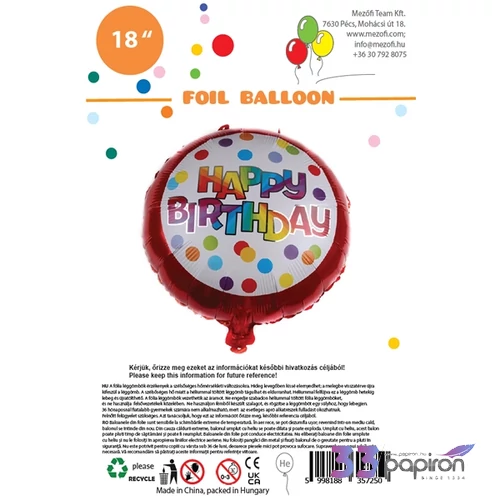 Partylufi fólia Happy Birthday piros pöttyös gömb 45 cm 