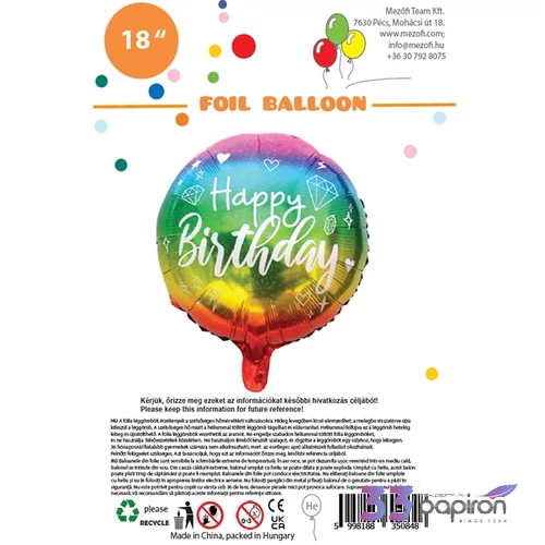 Partylufi fólia Happy Birthday színátmenetes gömb 45 cm 