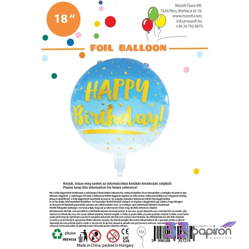 Partylufi fólia Happy Birthday világos kék színátmenetes gömb 45 cm 