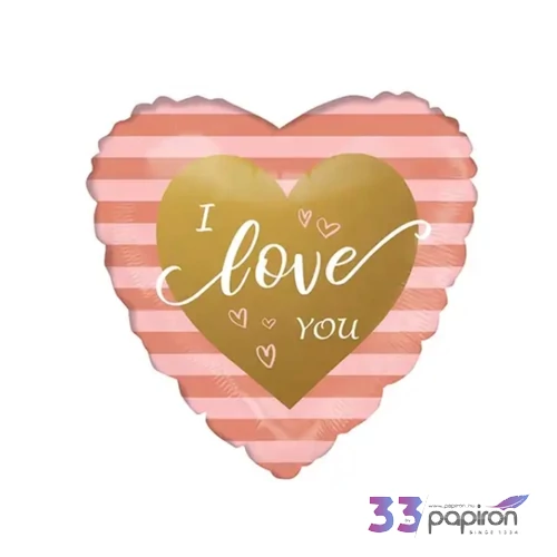 Partylufi fólia szív, I love You, pink csíkos, 45 cm