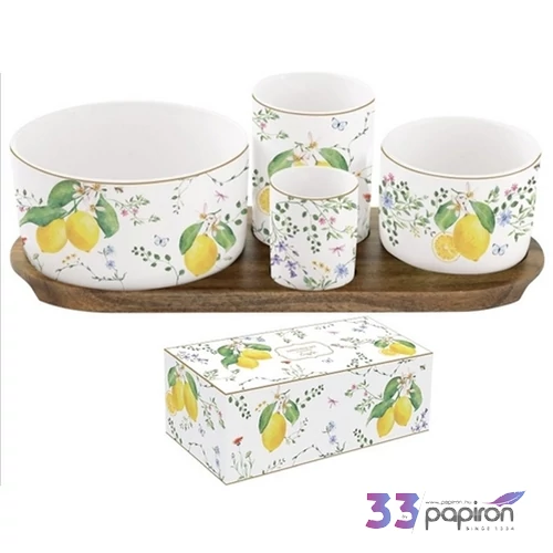 Kínálótálka szett Porcelán 4db-os akácfa tálcán 29x13cm dobozban Fleurs et Citrons -citrom