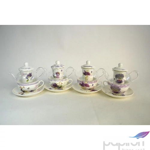Porcelán teás szett Levendulás, Levendula mintás teás kanna+csésze+szűrő üveg-Porcelán