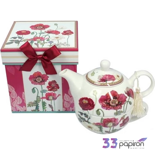 Porcelán teás szett Pipacsos 2,5 dl teás csésze + teás kanna díszdobozban masnival