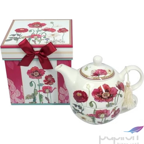 Porcelán teás szett Pipacsos 2,5 dl teás csésze + teás kanna díszdobozban masnival