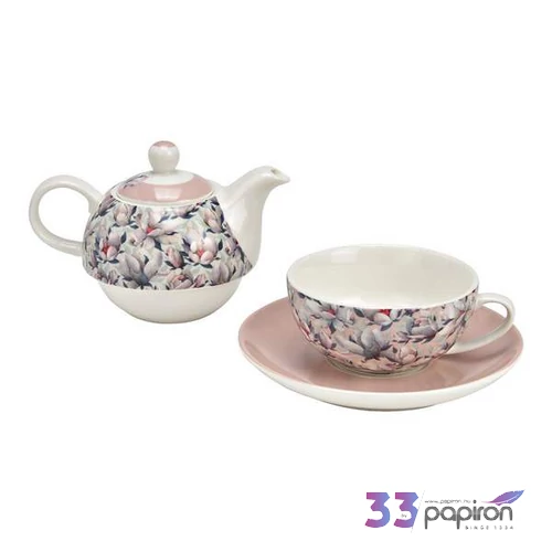 Porcelán teáskanna szett Magnólia virág dekorral 400ml/250ml 3részes 1db/ár SDGW26