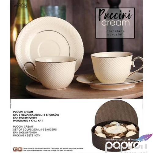 Porceláncsésze+alj 250ml Puccini krém, 6 személyes,dobozban