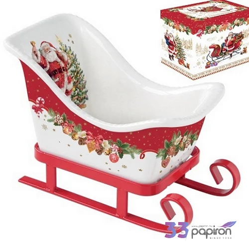 Porcelánkínáló szán fém lábon 14,5x8x10,5cm, Christmas Memories