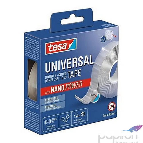 Ragasztószalag Tesa kétoldalas, visszaszedhető, átlátszó 30 mm x 3 m, Universal Nanotape