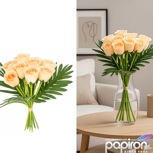 Selyemvirág - művirág 35cm rózsacsokor barack 15szál 30x30x35cm SDDST5 zöld levelekkel dobcsokornak