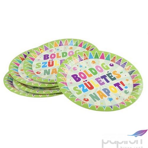Party tányér papír 23cm Boldog Születésnapot feliratos, zászlós (6db/csomag)