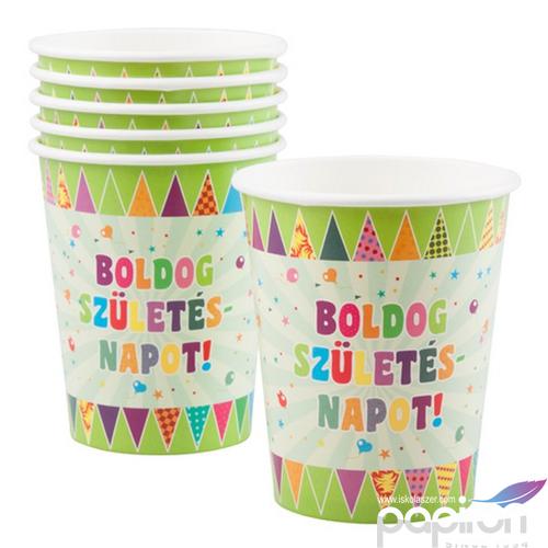 Party pohár papír 250ml Boldog Születésnapot feliratos, zászlós (6db/csomag)