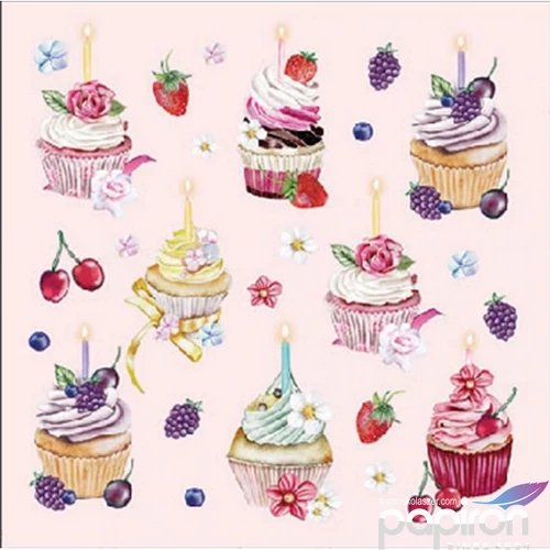 Szalvéta 25x25cm Fruity Cupcakes pink 20db-os