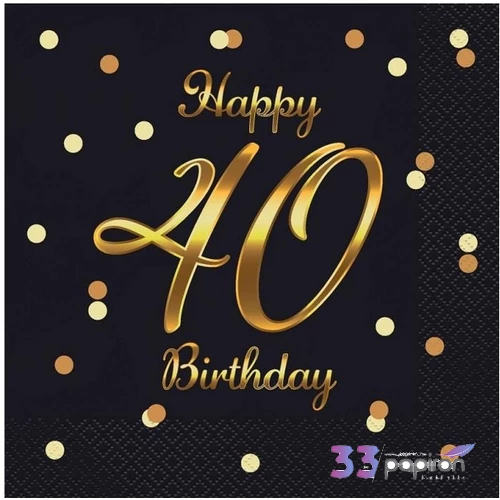 Szalvéta 33x33cm 20db/csomag, 3 rétegű Happy Birthday 40. fekete, pöttyös