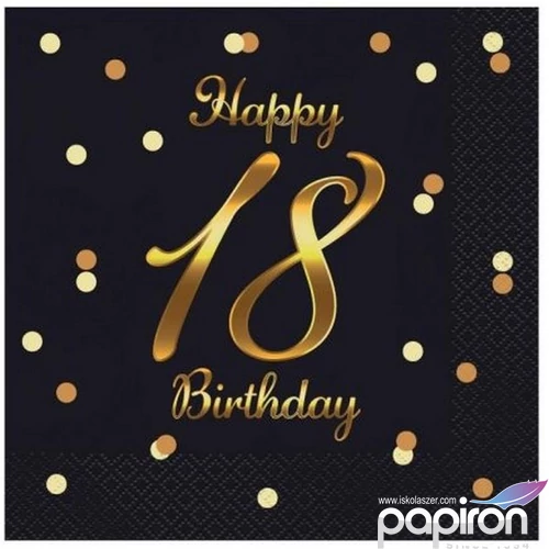 Szalvéta 33x33cm 20db/csomag, 3 rétegű Happy Birthday 18. fekete, pöttyös