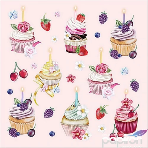 Szalvéta 33x33cm Fruity cupcakes pink 20db-os 