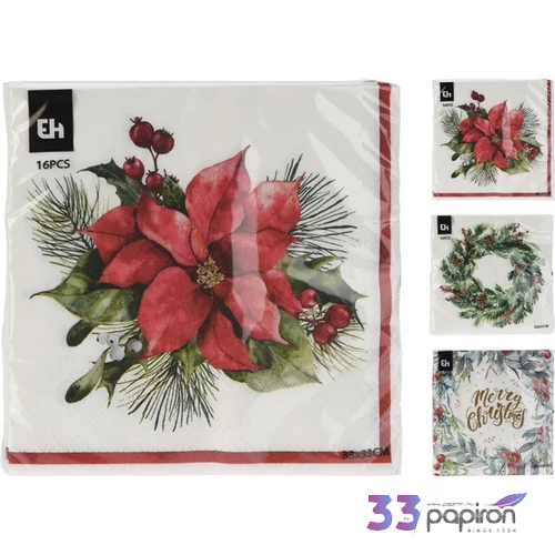 Szalvéta 33x33cm karácsony 16db/csomag 3féle MIKULÁSVIRÁG KPM25