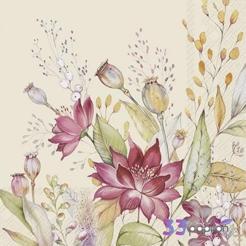 Szalvéta 3rétegű virágok Autumn meadow Cream 33x33cm  20db/csomag