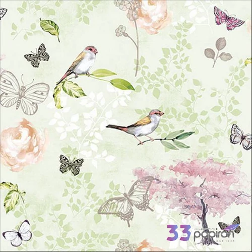 Szalvéta Ambiante Birds and butterflies green, papír papírszalvéta 33x33cm,20db-os