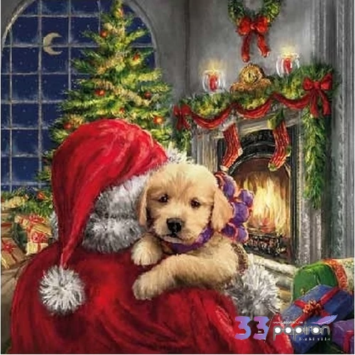 Szalvéta Ambiante karácsonyi Puppy At Fire papírszalvéta 25x25cm,15db-os