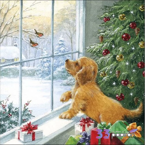 Szalvéta Ambiante karácsonyi Dog watching birds papír papírszalvéta 33x33cm,20db-os
