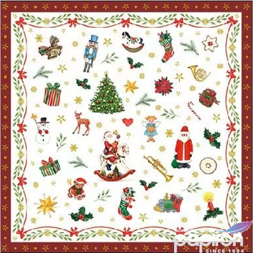 Szalvéta karácsonyi 25x25cm Ornaments all over red 20db/csomag 3 rétegű
