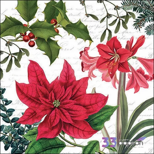 Szalvéta karácsonyi Christmas plants white 25x25cm 3rétegű 20db/csoma