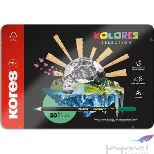 Színes ceruza 50 Kores háromszögletű,fém doboz Kolores Selection