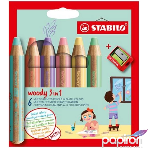 Színes ceruza 6 Stabilo kerek, vastag, Woody 3 in 1 Pastel TST88062
