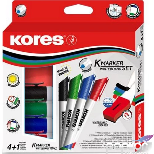 Táblamarker készlet Kores 1-3mm 4színű kerek hegyű+mágneses törlő Írószerek KORES 20863