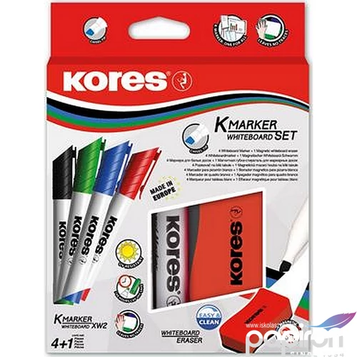 Táblamarker készlet Kores 3-5mm 4színű vágott hegyű+mágneses törlő Írószerek KORES 20865