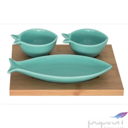 Tál Porcelán haltálka 3 részes:2db 9x7cm, 1db 18x8cm bambusztálcán 19,5x16,5cm, Sea Friends