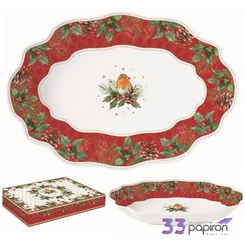 Tál Porcelán karácsonyi 30x21x5cm, dobozban. Christmas Berries kézzel festett
