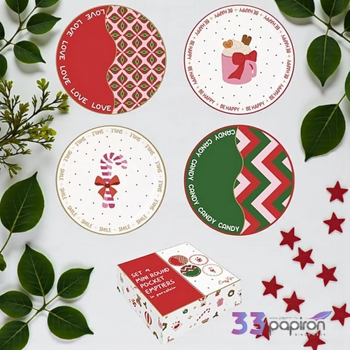 Tál Porcelán karácsonyi 4db-os szett kerek bambusztálcán 10cm