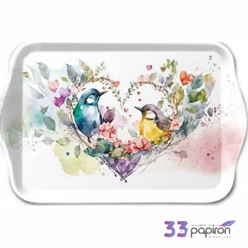 Tálca Ambiante kicsi Loving birds műanyag kistálca 13x21cm