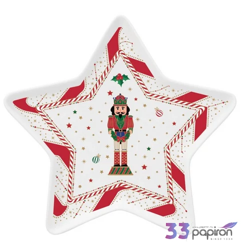 Tálca Porcelán karácsonyi 19,5cm, csillagtálca Nutcracker Twist kézzel festett dobozban