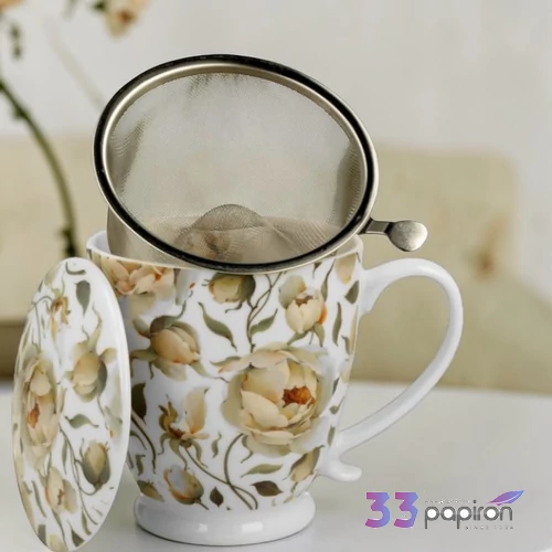 Bögre porcelán 510ml talpas, teaszűrővel ENGLISH ROSES WHITE Díszdobozban