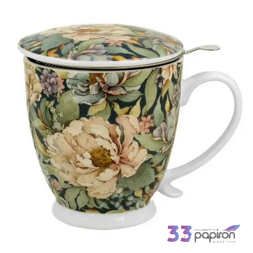 Bögre porcelán 510ml talpas, teaszűrővel PEONY BLUE Díszdobozban